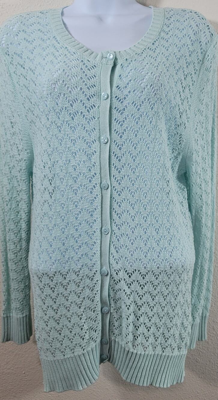 Croft & Barrow Mint Green Open Knit Button Up Cardigan Sweater Large Lightweight